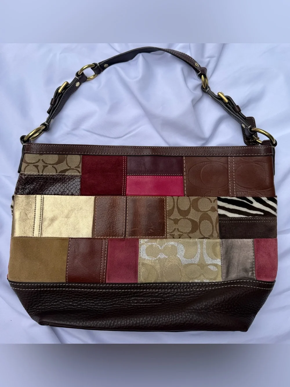 Vintage Coach Holiday Patchwork Shoulder Bag in Brown, Pink & Gold